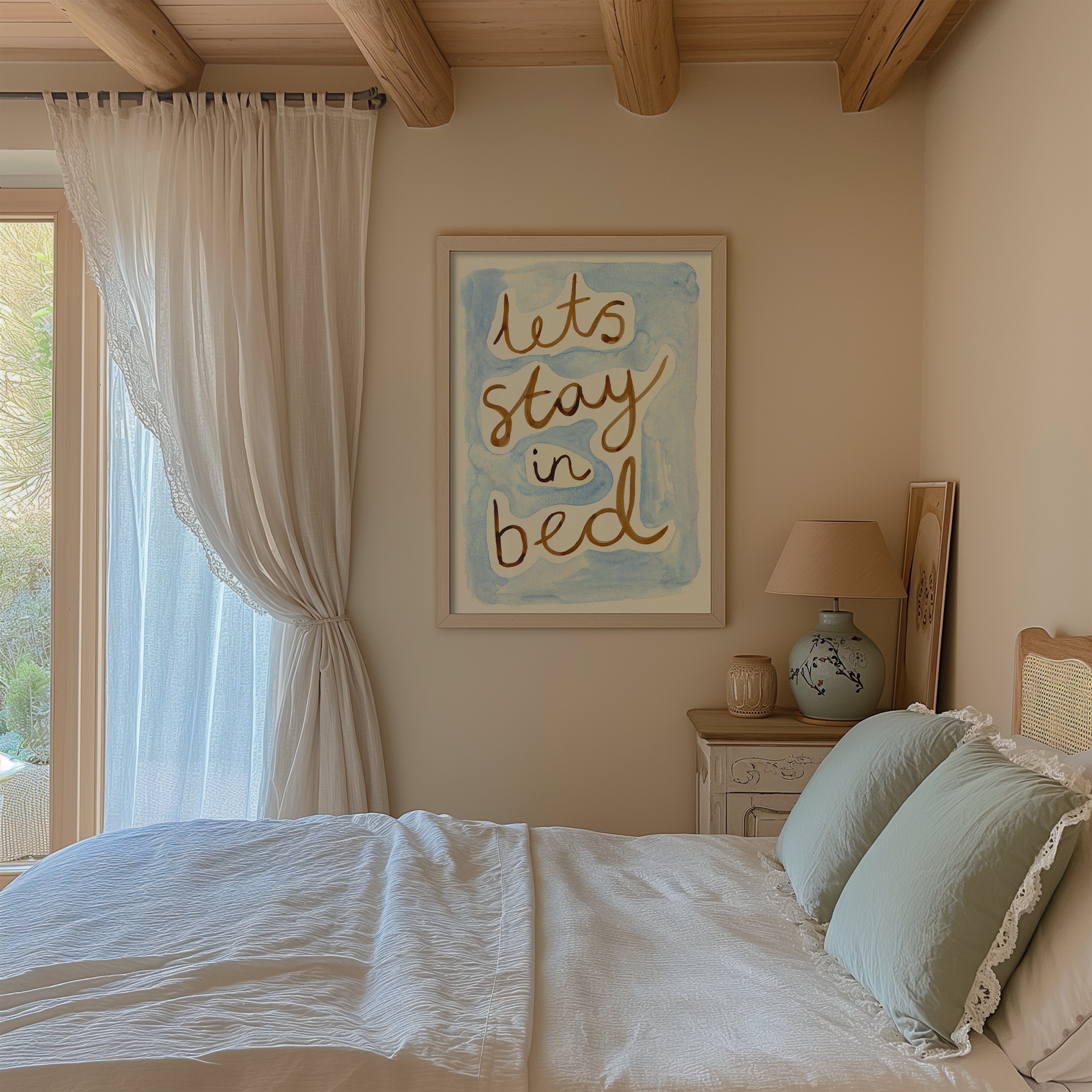 Let's Stay in Bed Bedroom Quote Hand Painted Print