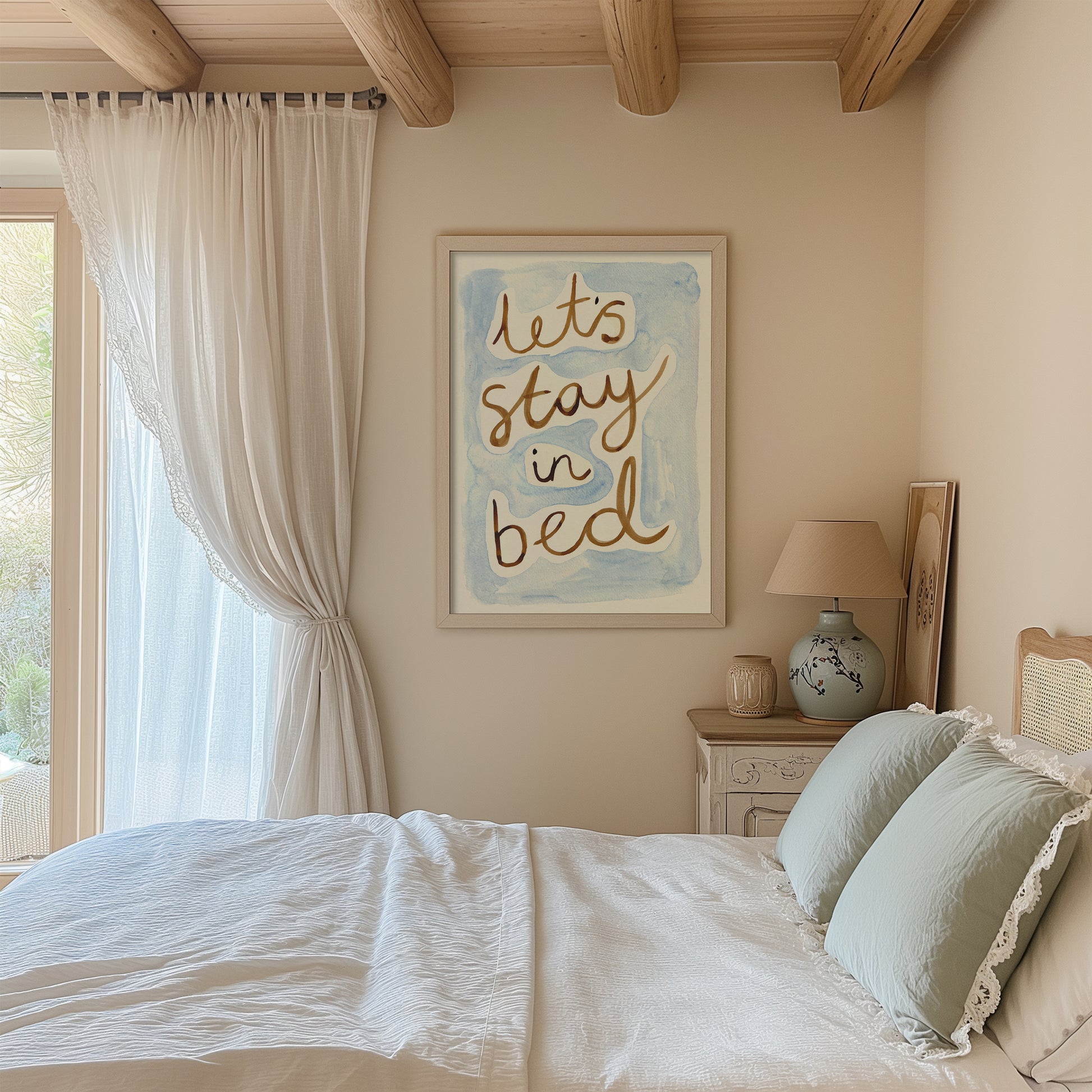Let's Stay in Bed Bedroom Quote Hand Painted Print