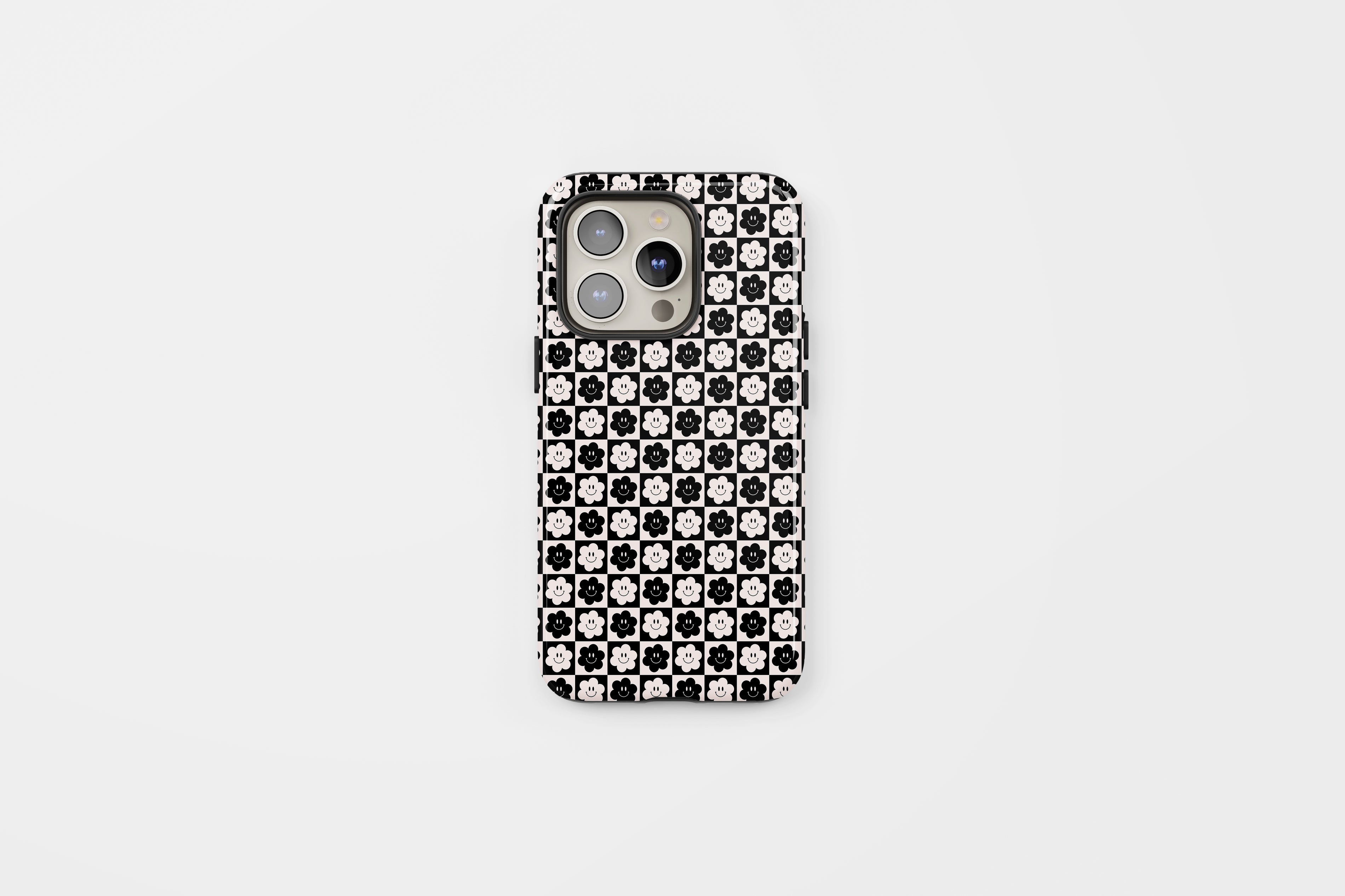Smiley Checkered Flower Tough Phone Case Black White