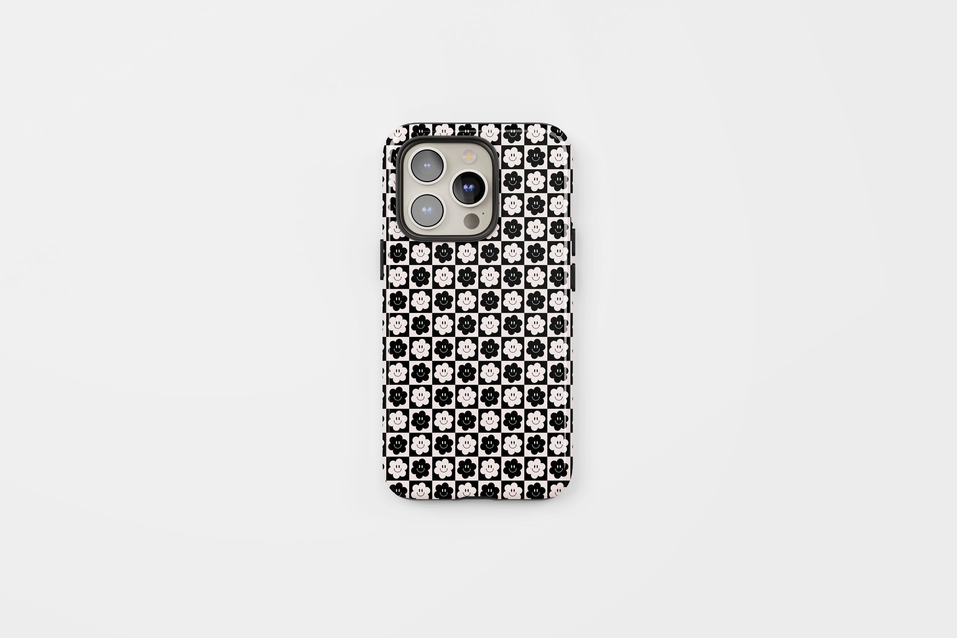 Smiley Checkered Flower Tough Phone Case Black White