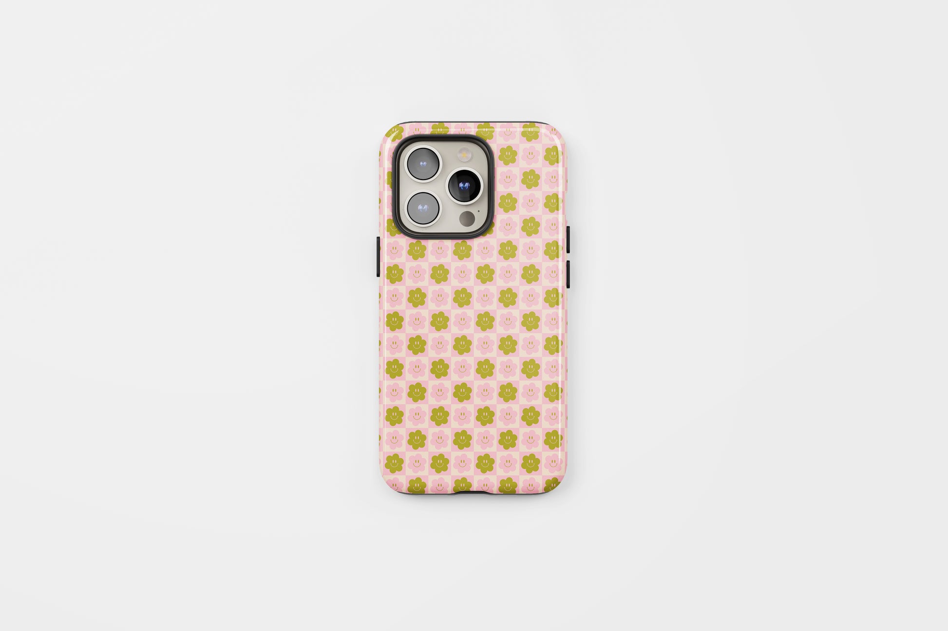 Smiley Checkered Flower Tough Phone Case Sage Pink
