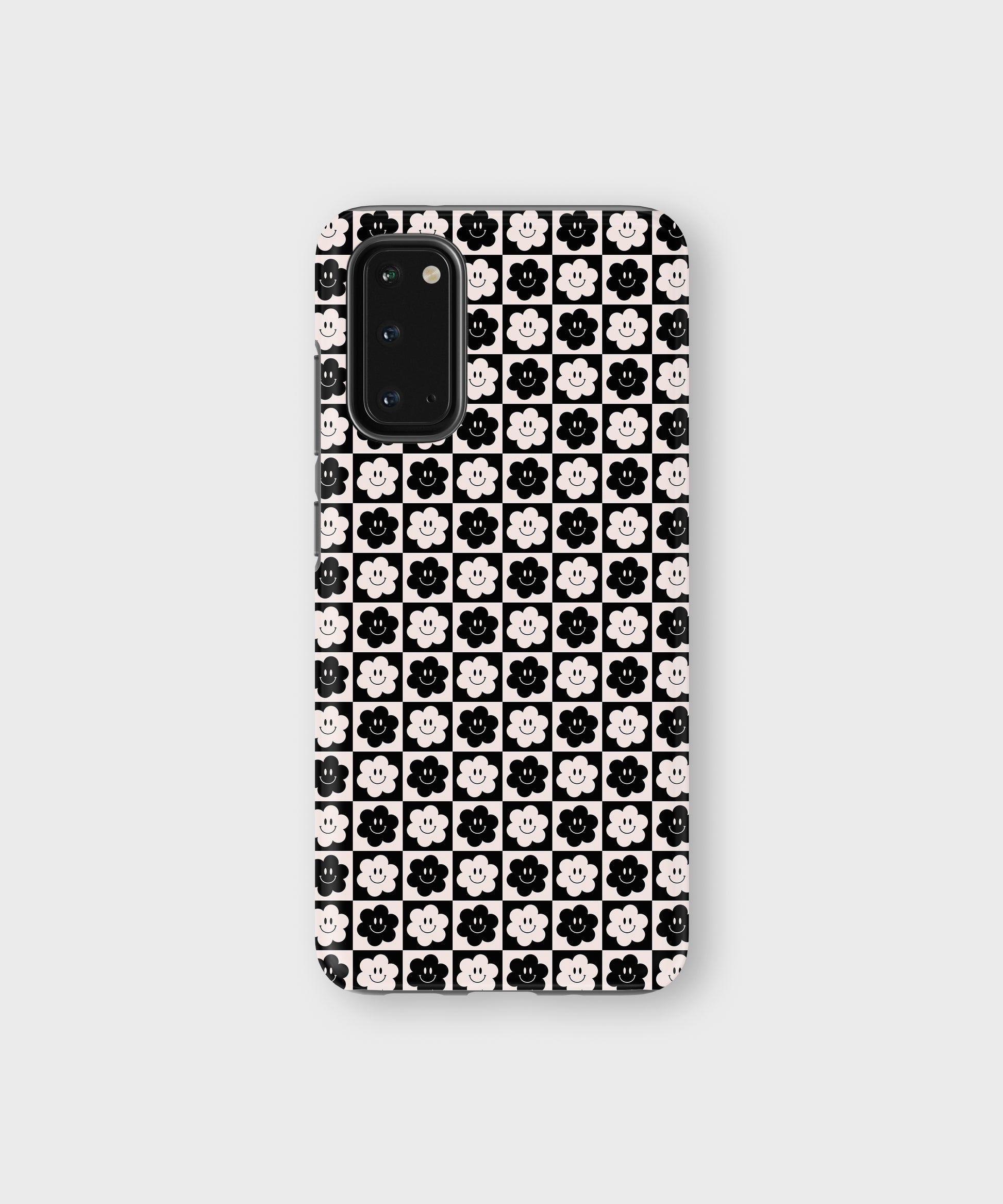 Smiley Checkered Flower Tough Phone Case Black White