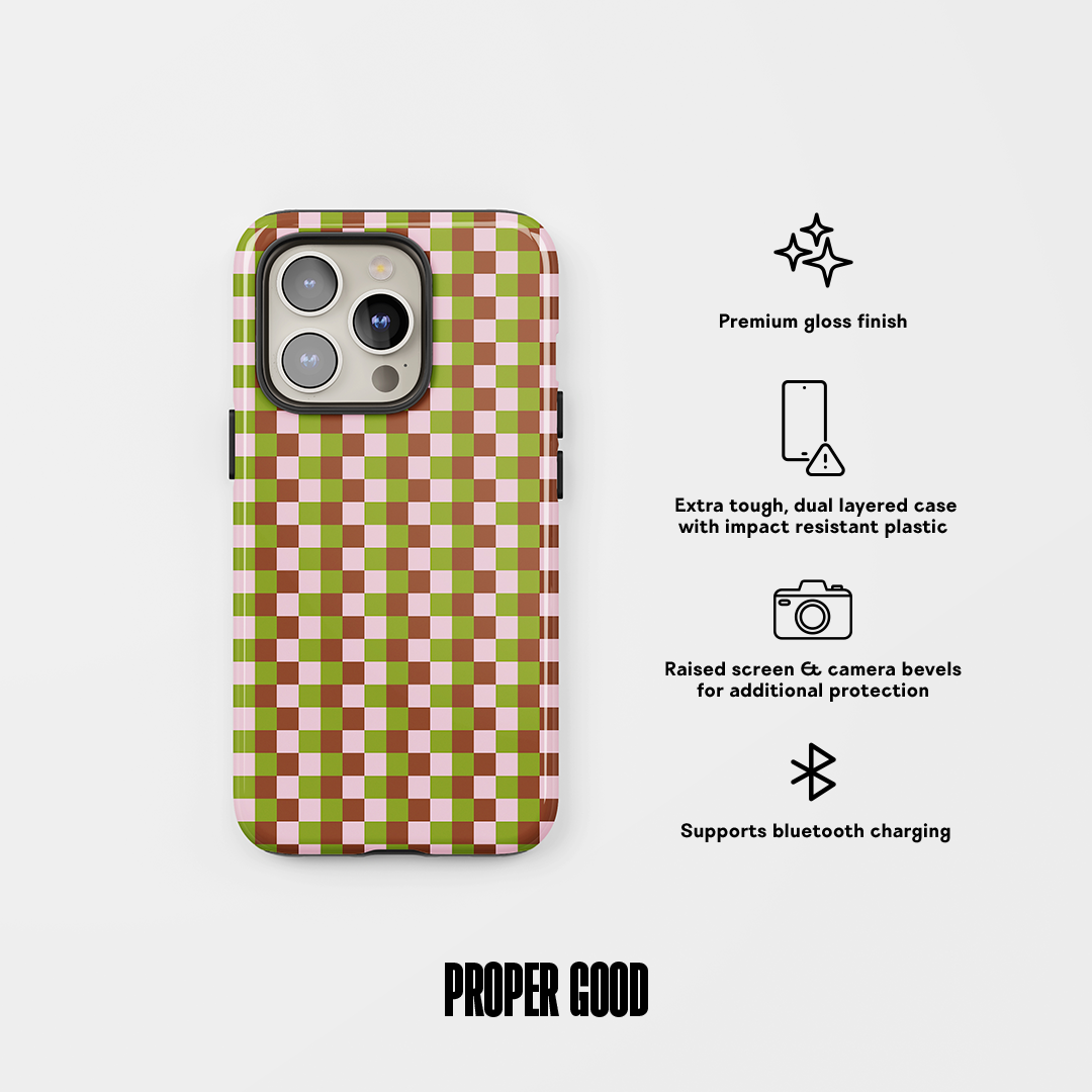 Check Tough Phone Case Green Pink Brown