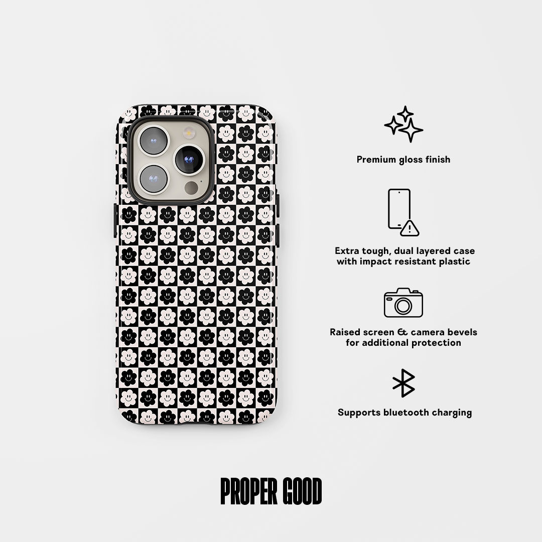 Smiley Checkered Flower Tough Phone Case Black White
