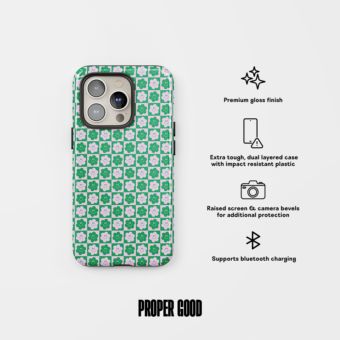 Smiley Checkered Flower Tough Phone Case Blue Lilac